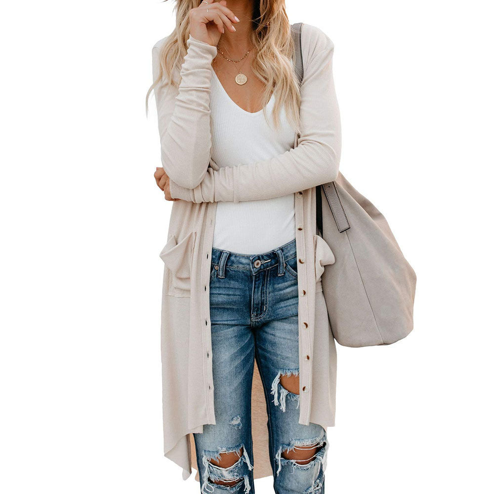 Damen Langer Strickcardigan mit Knöpfen und Taschen R&B