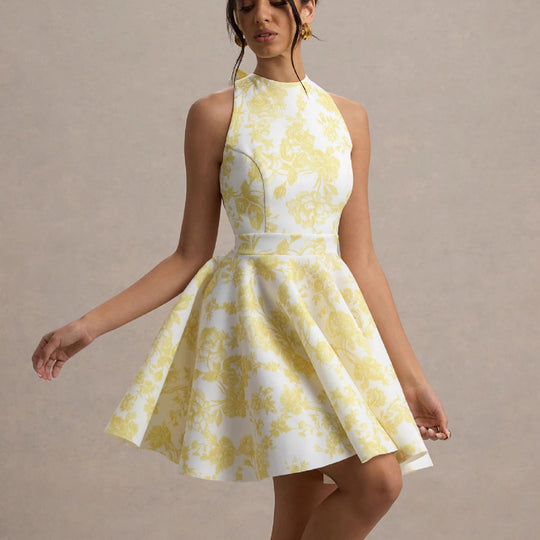 Damen Verspielt tailliertes Minimal-Kleid mit schwingendem Rock und halber Rückenansicht R&B