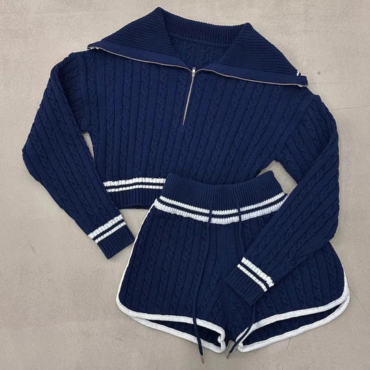 Damen Cropped Strickpullover mit hohem Kragen und Shorts im Set R&B