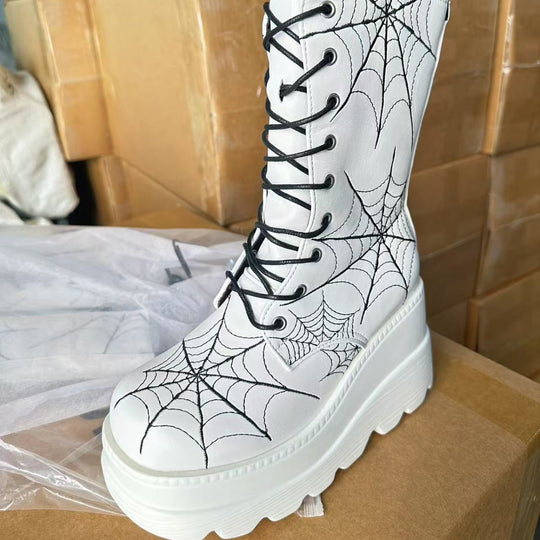 Damen High-Top Stiefel mit modischem Spinnen-Netz-Design und komfortabler Plateausohle R&B