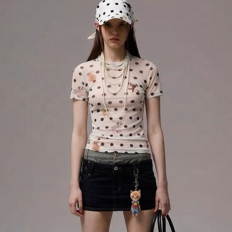 Damen Figurbetontes Polka-Dot T-Shirt mit verspieltem Tierdesign R&B
