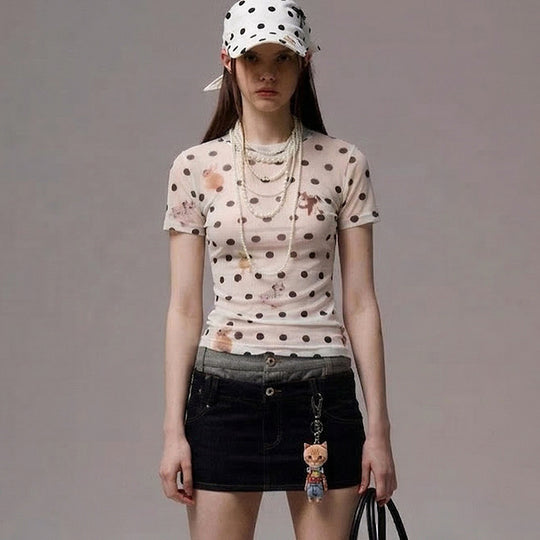 Damen Figurbetontes Polka-Dot T-Shirt mit verspieltem Tierdesign R&B