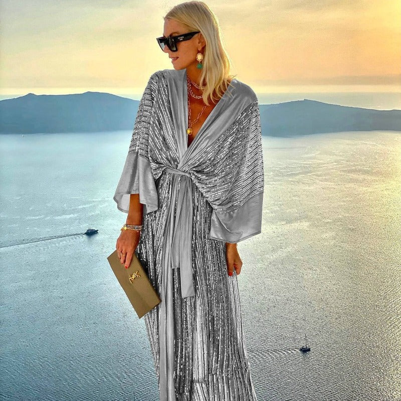 Damen Glitzerndes Maxikleid mit elegantem Wickeldesign und fließenden Ärmeln R&B