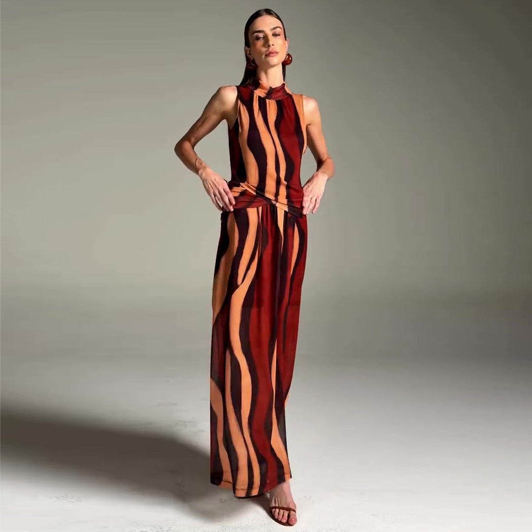 Damen elegantes Maxikleid mit einzigartigem Streifenmuster und hohem Kragen R&B