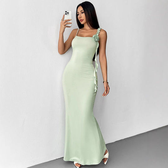 Damen Elegantes Maxikleid mit floralem Necktie und asymmetrischen Rüschen R&B