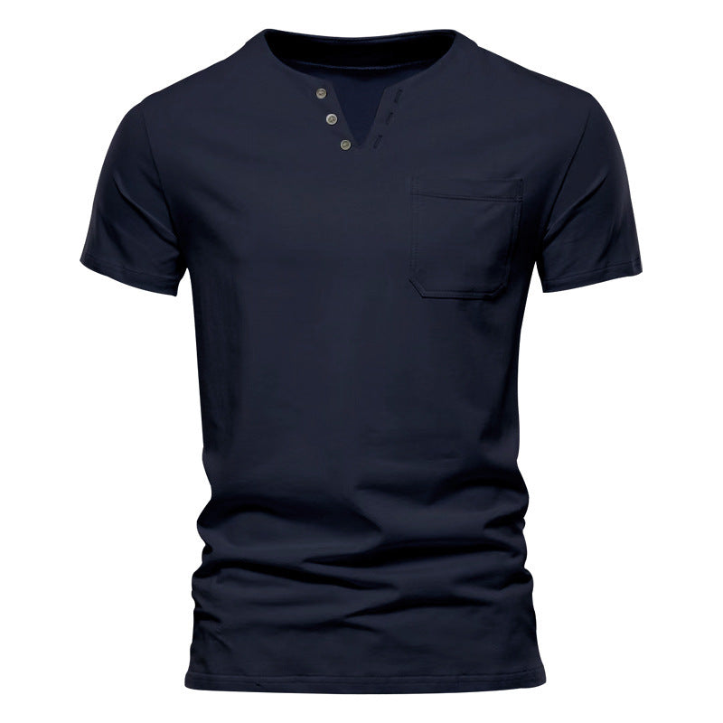 Herren nan tailliertes Kurzarm-Henleyshirt mit Brusttasche und asymmetrischer Knopfleiste R&B