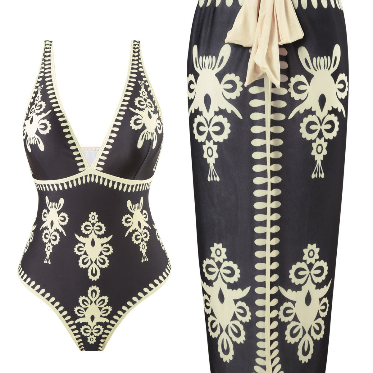 Damen Einteiler Badeanzug mit elegantem Wickelrock R&B