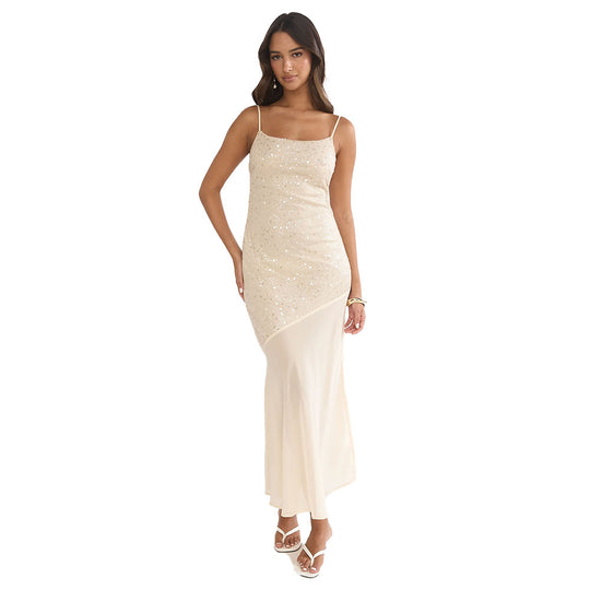 Damen Glitzerndes Maxikleid mit transparentem Obermaterial und asymmetrischem Saum R&B