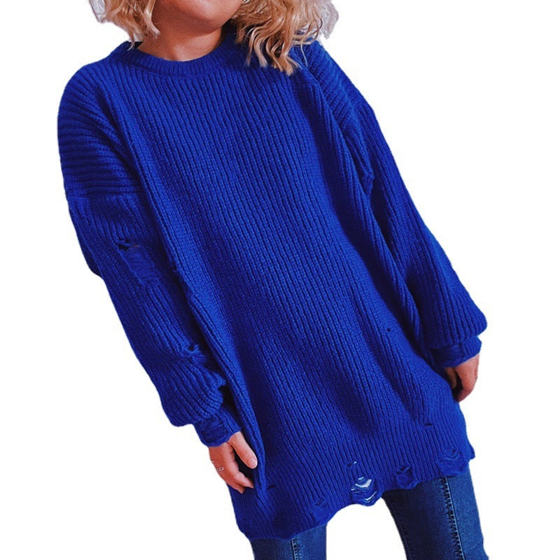 Damen Grobstrickpullover mit lässigen Rückenschlitzen und weiten Ärmeln R&B