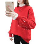Damen trendiger Strickpullover mit Perlendetails und voluminösen Ärmeln R&B