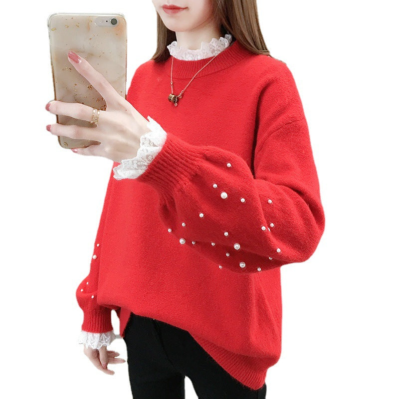 Damen trendiger Strickpullover mit Perlendetails und voluminösen Ärmeln R&B