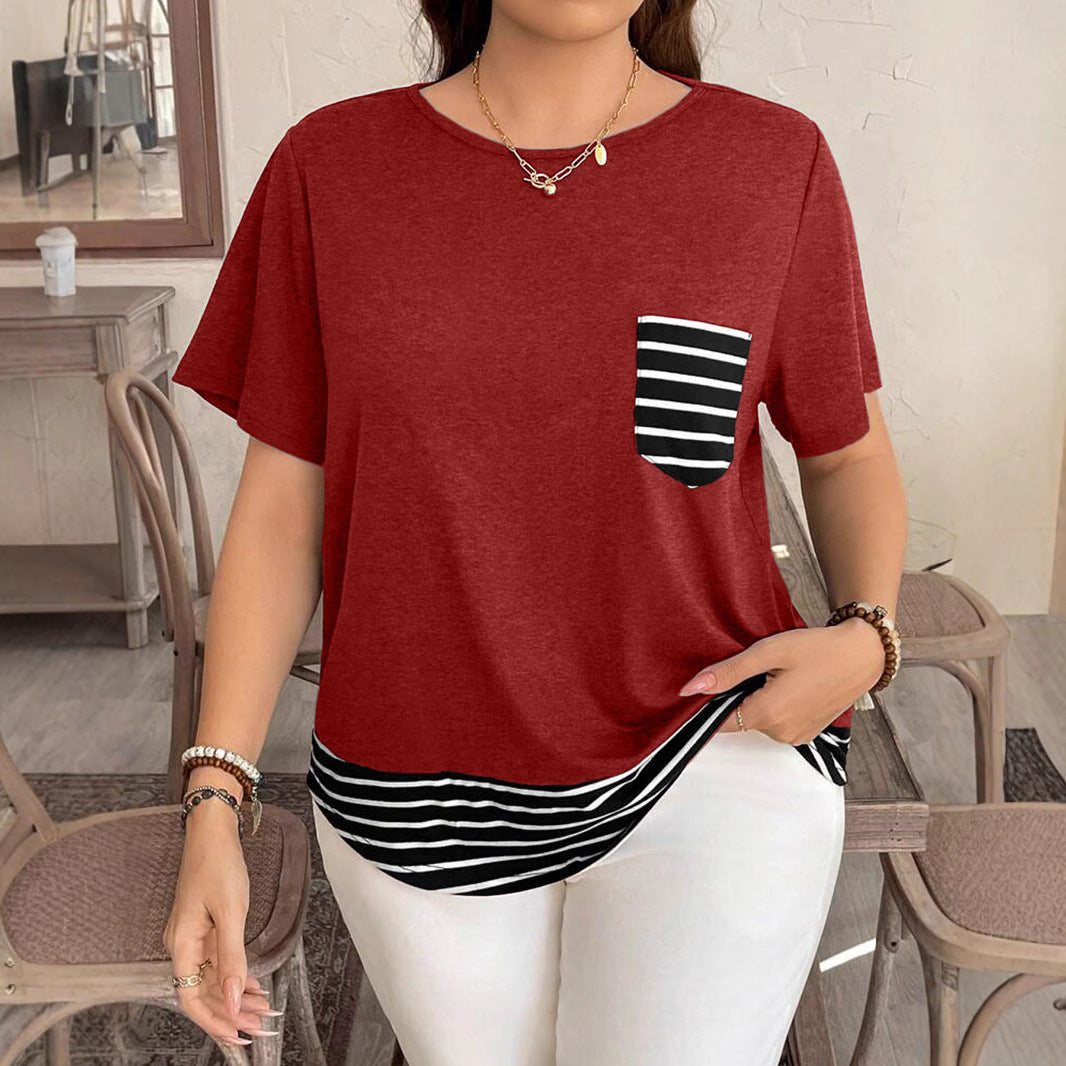 Damen Legeres T-Shirt mit gestreiftem Saum und Brusttasche R&B