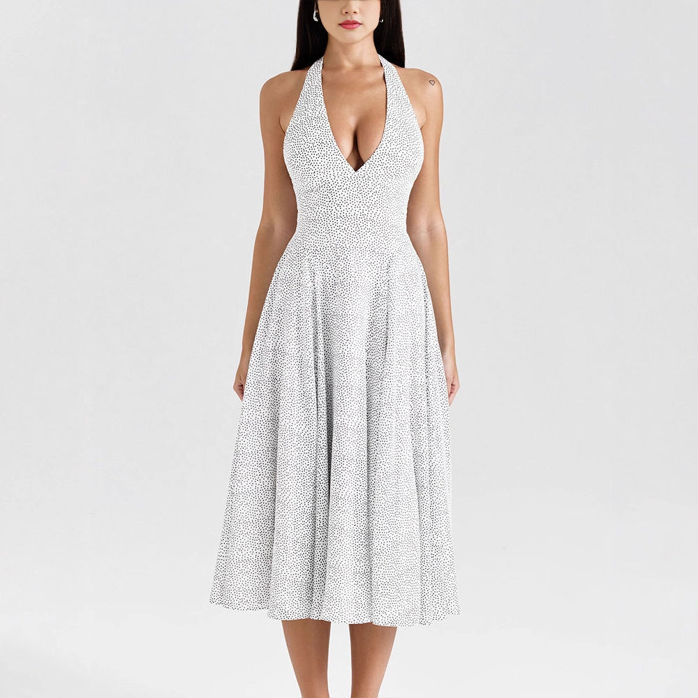 Damen Sommerliches Neckholderkleid mit tiefem V-Ausschnitt und weit schwingendem Rock R&B