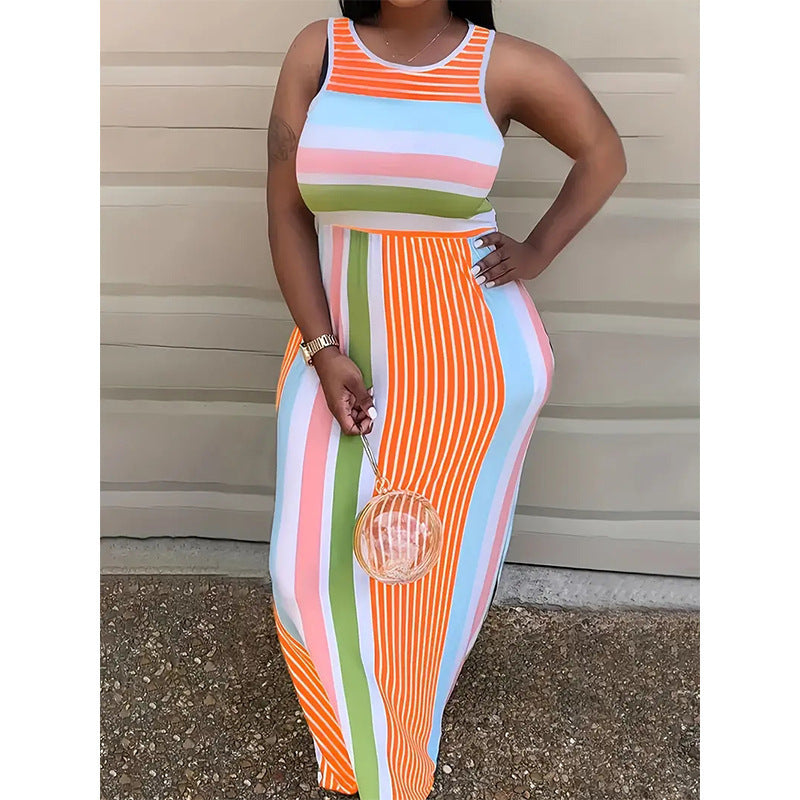 Damen Maxikleid mit buntem gestreiften Design und figurbetontem Schnitt R&B