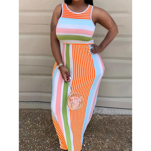 Damen Maxikleid mit buntem gestreiften Design und figurbetontem Schnitt R&B
