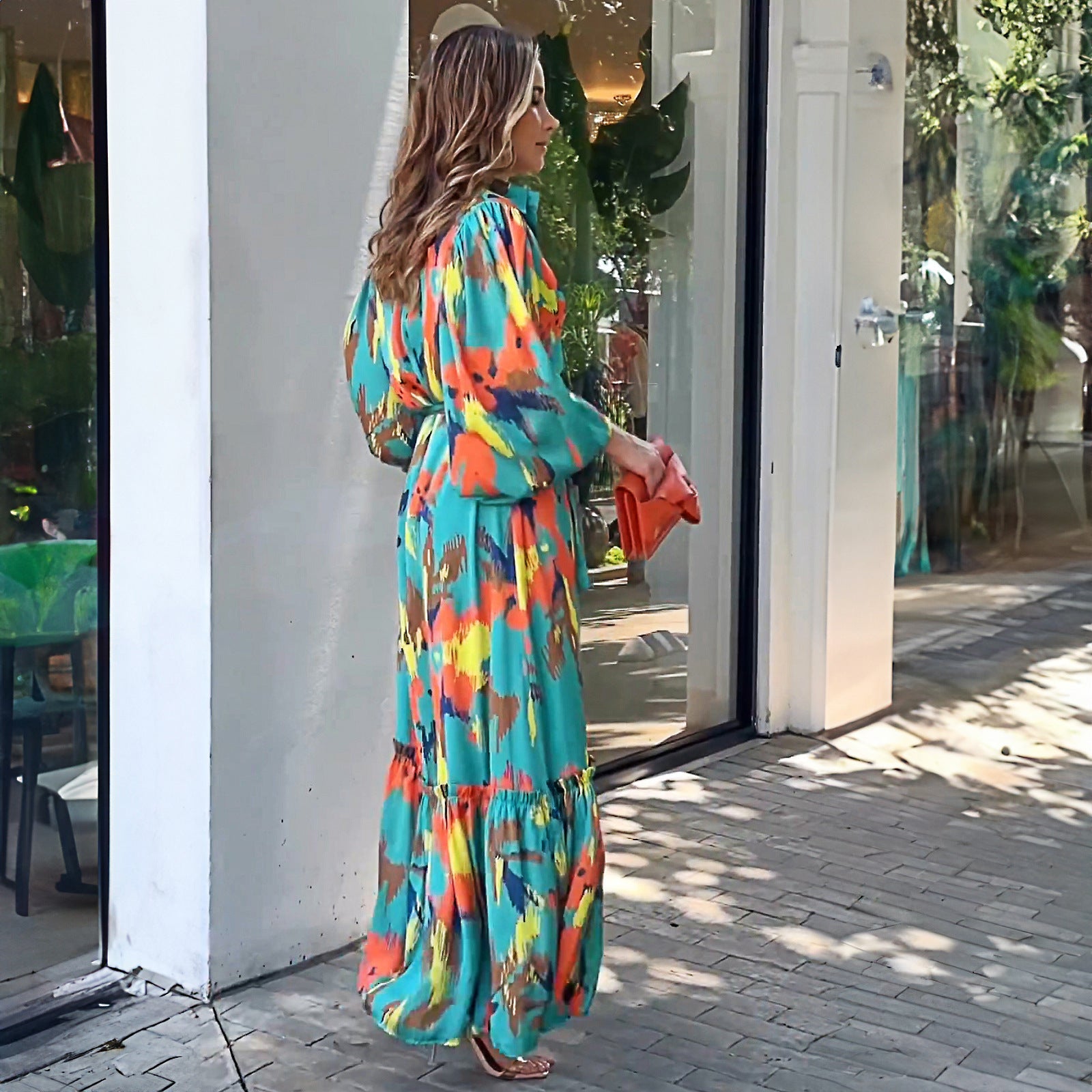 Damen Maxikleid mit floralen Akzenten und elegantem Gürtel R&B