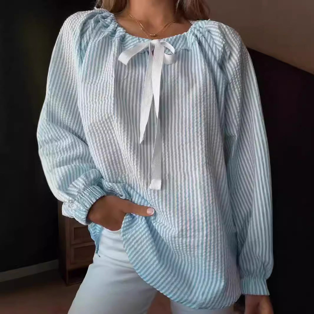 Damen Bluse mit elastischem Ausschnitt und Schleifenbindung R&B
