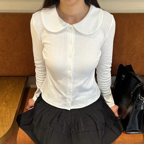Damen Langarm-Crop-Top mit stilvollem Kragen und Knopfleiste R&B