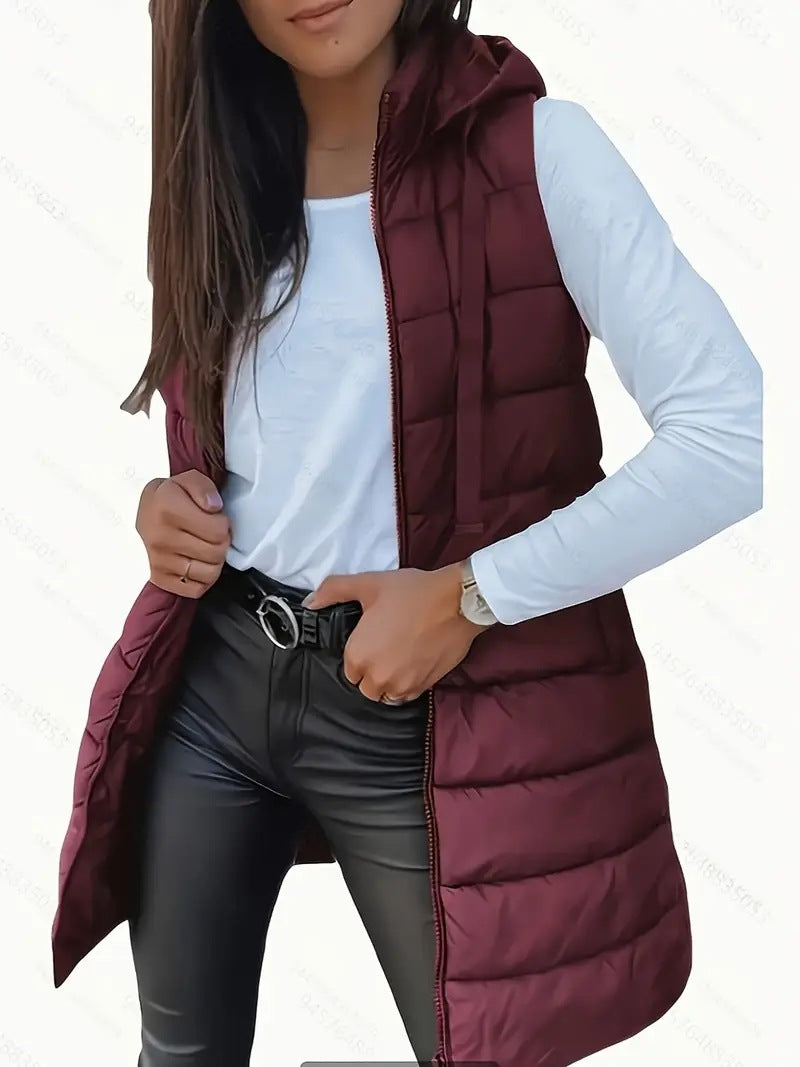 Damen Stylische gesteppte Weste mit Kapuze und langen Schnitt R&B