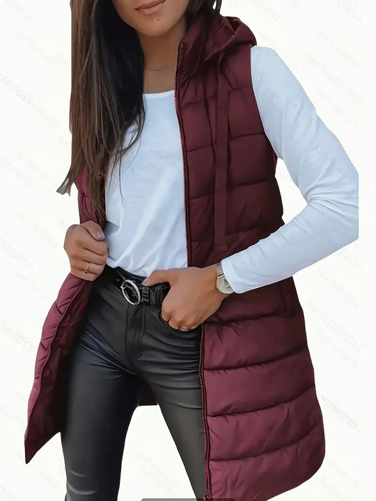 Damen Stylische gesteppte Weste mit Kapuze und langen Schnitt R&B