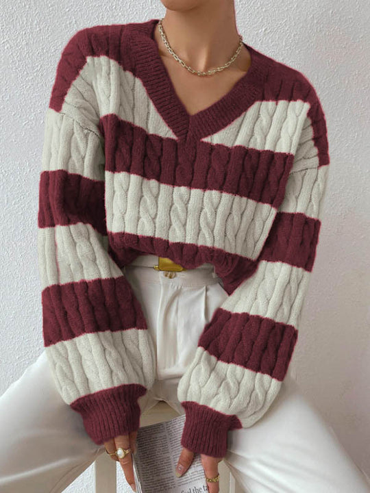 Damen V-Ausschnitt Strickpullover mit Rippstruktur und langen Ärmeln R&B
