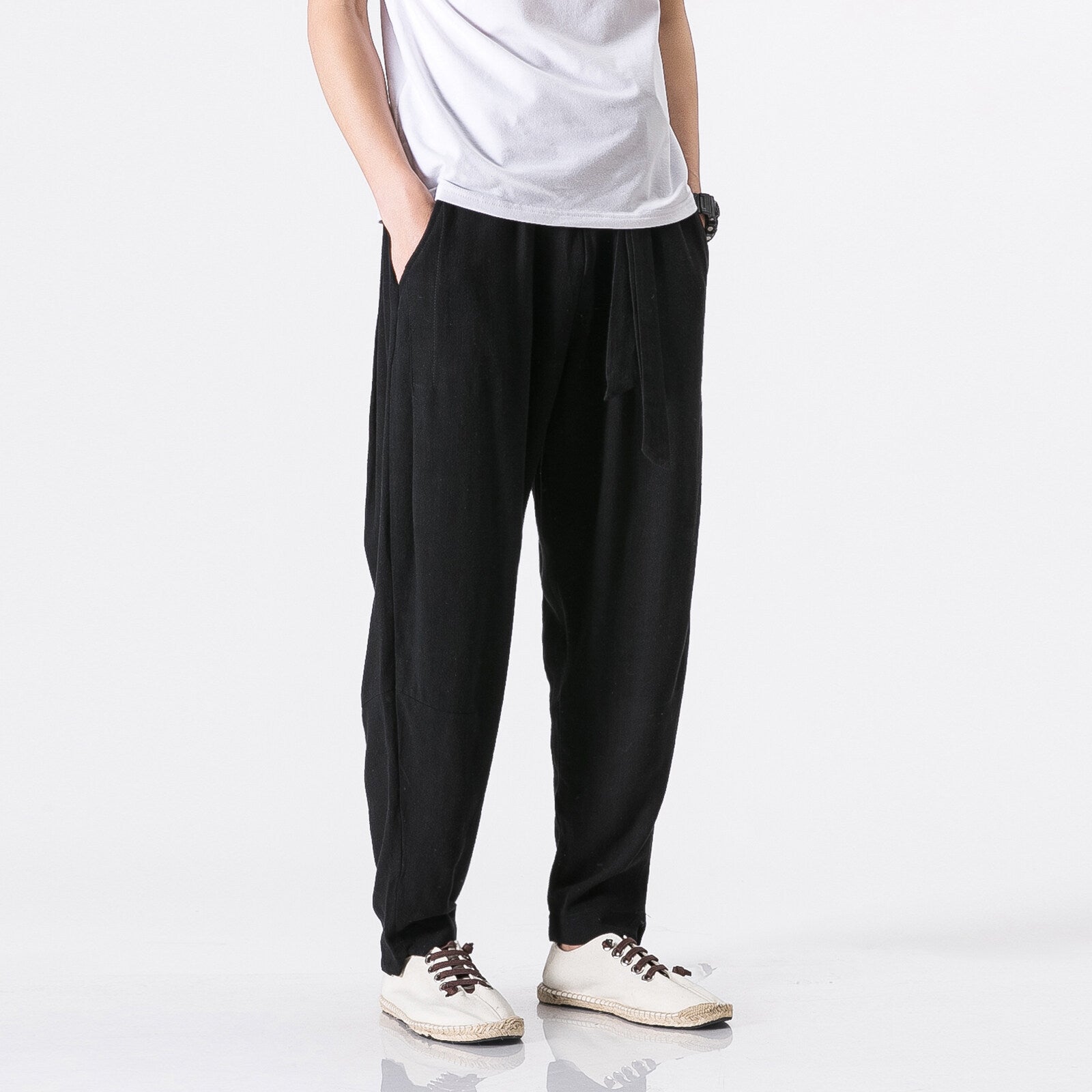 Herren nan entspannte Leinen-Baumwoll Harem-Joggerhose mit verdecktem Tunnelzug und tapered Bein R&B