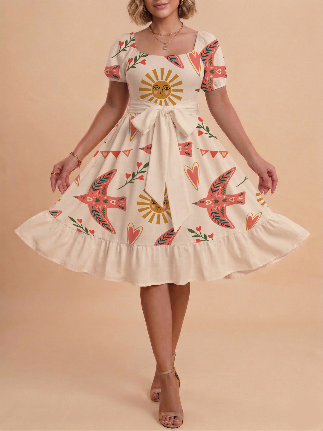 Damen Sommerliches Blumenkleid mit taillierbarem Gürtel und voluminösen Ärmeln R&B