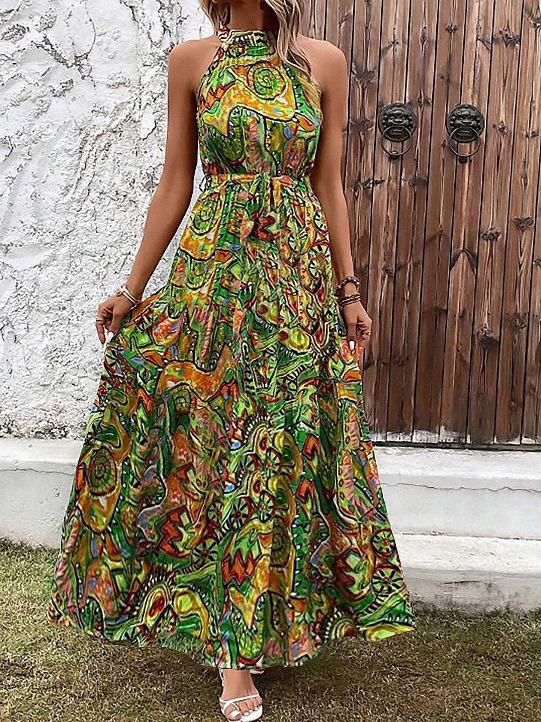 Damen Maxikleid Im Boho-Stil mit Hohem Kragen und Bindegürtel R&B
