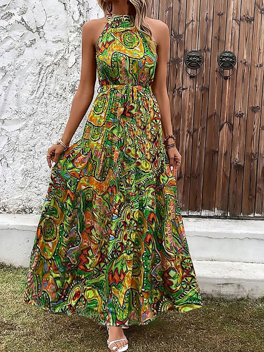 Damen Maxikleid Im Boho-Stil mit Hohem Kragen und Bindegürtel R&B