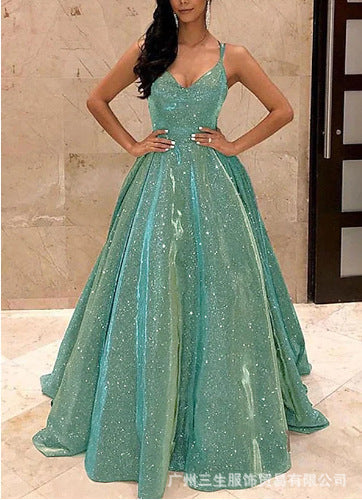 R&B | Damen Spaghettiträger V-Ausschnitt A-Linie Glitzer Maxikleid