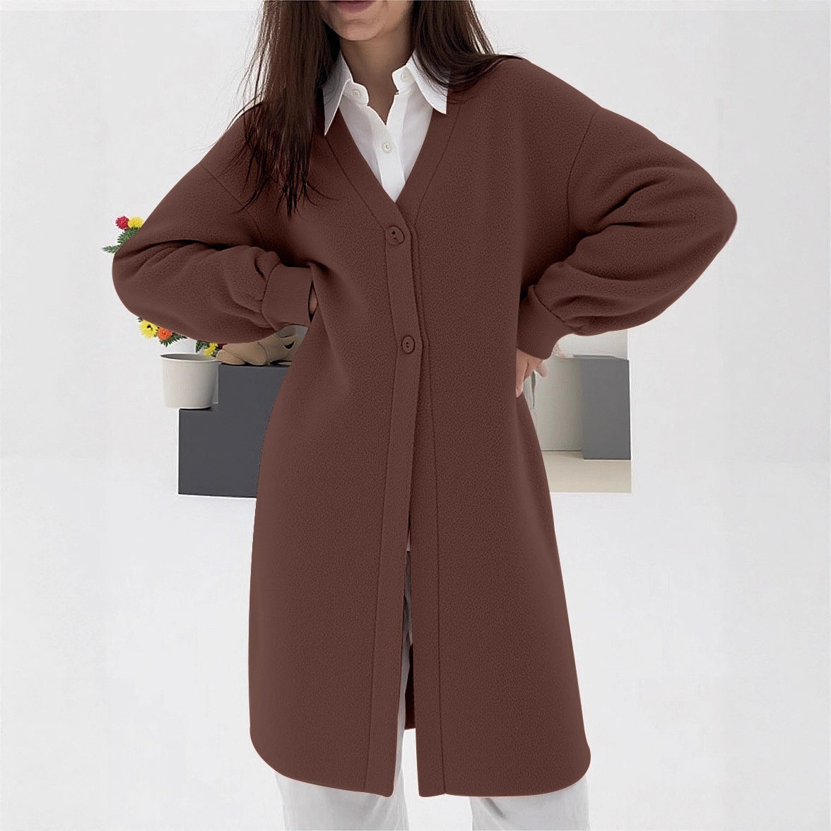 Damen gemütlicher Strickcardigan mit V-Ausschnitt und modischem Knopfverschluss R&B