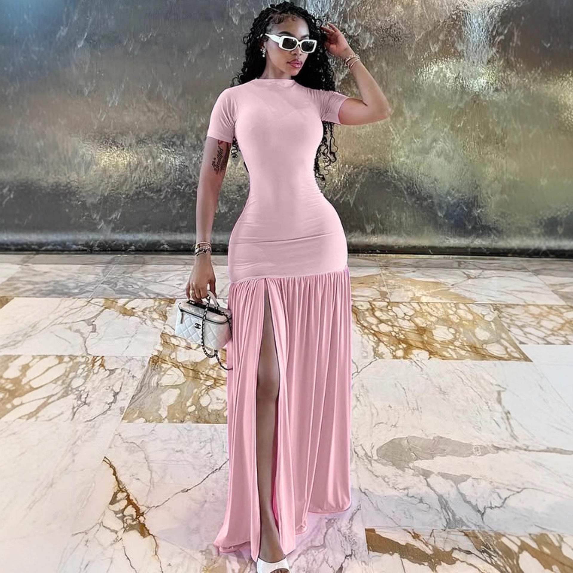 Damen Maxi-Kleid mit elegantem halblangen Ärmel und voluminösem Rock R&B