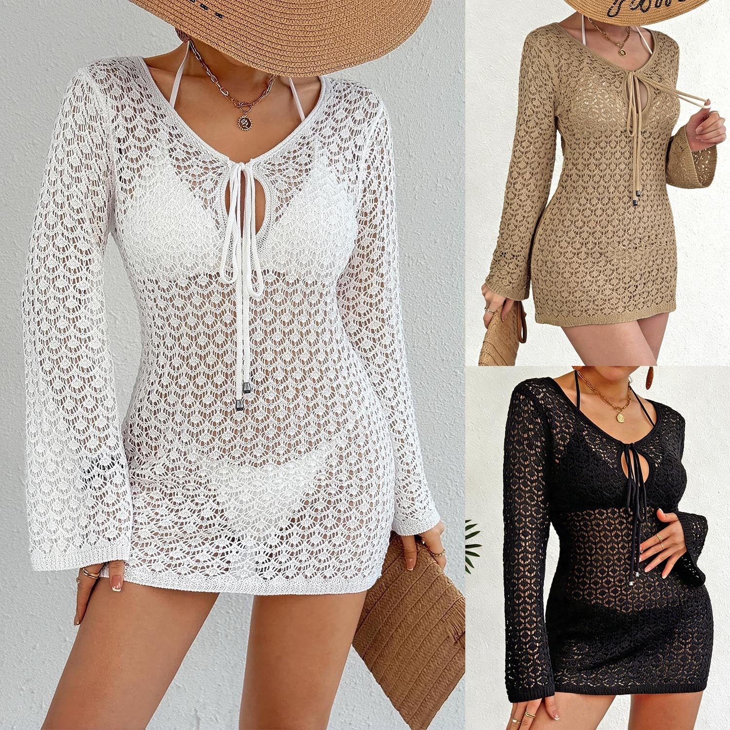 Damen Häkel-Strandkleid mit tiefem V-Ausschnitt und breiten Ärmeln R&B