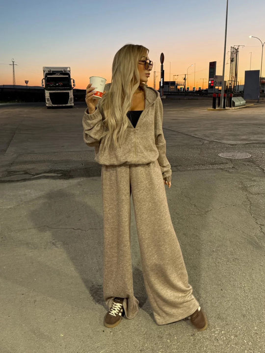 Damen Loungewear-Anzug aus weichem Fleece mit Kapuze und weitem Schnitt R&B