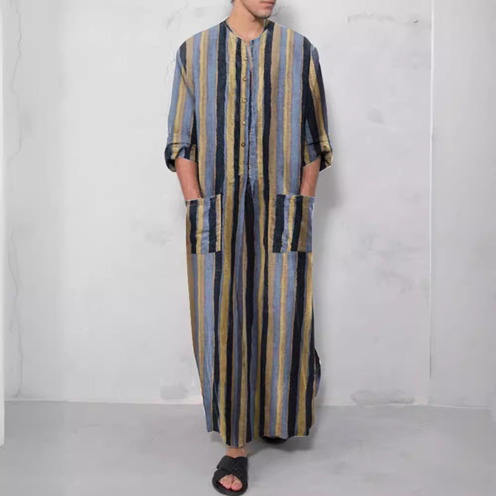 Herren nan lockerer Kaftan aus Leinenmischung mit Knopfleiste und aufgesetzten Taschen R&B