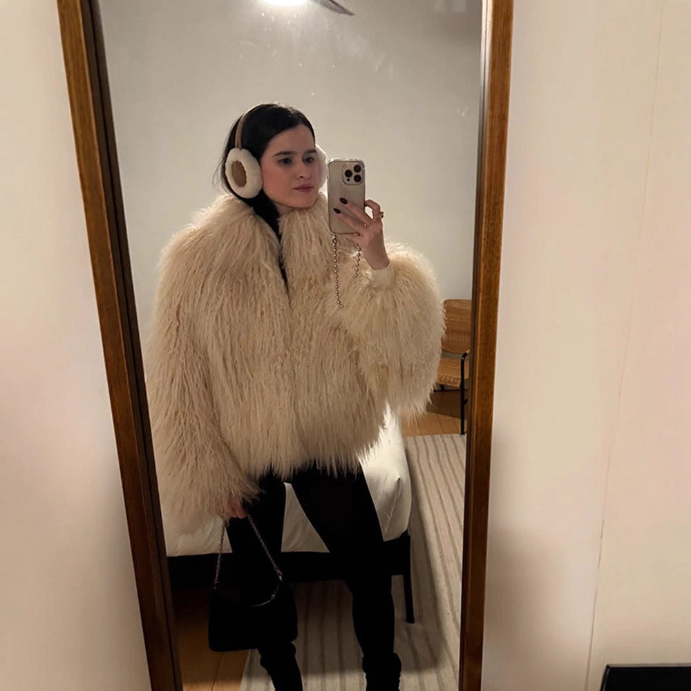Damen elegante Kunstfelljacke mit voluminösem Kragen R&B