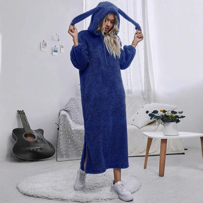 Damen Flauschiger Fleece-Hoodie-Kleid mit Ohren und seitlichen Schlitzen R&B