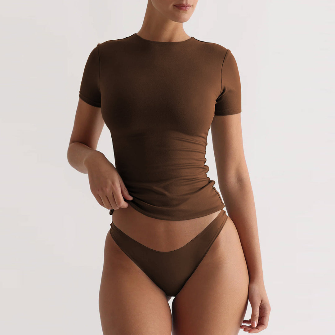 Damen figurbetontes T-Shirt mit Rundhalsausschnitt und kurzem Arm R&B