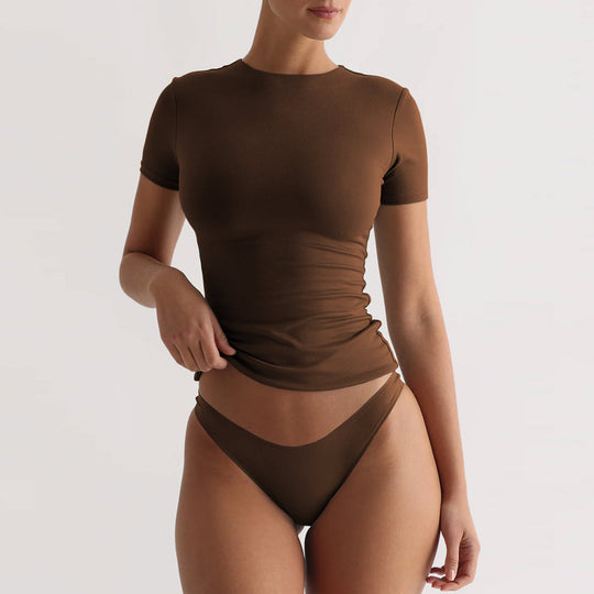 Damen figurbetontes T-Shirt mit Rundhalsausschnitt und kurzem Arm R&B