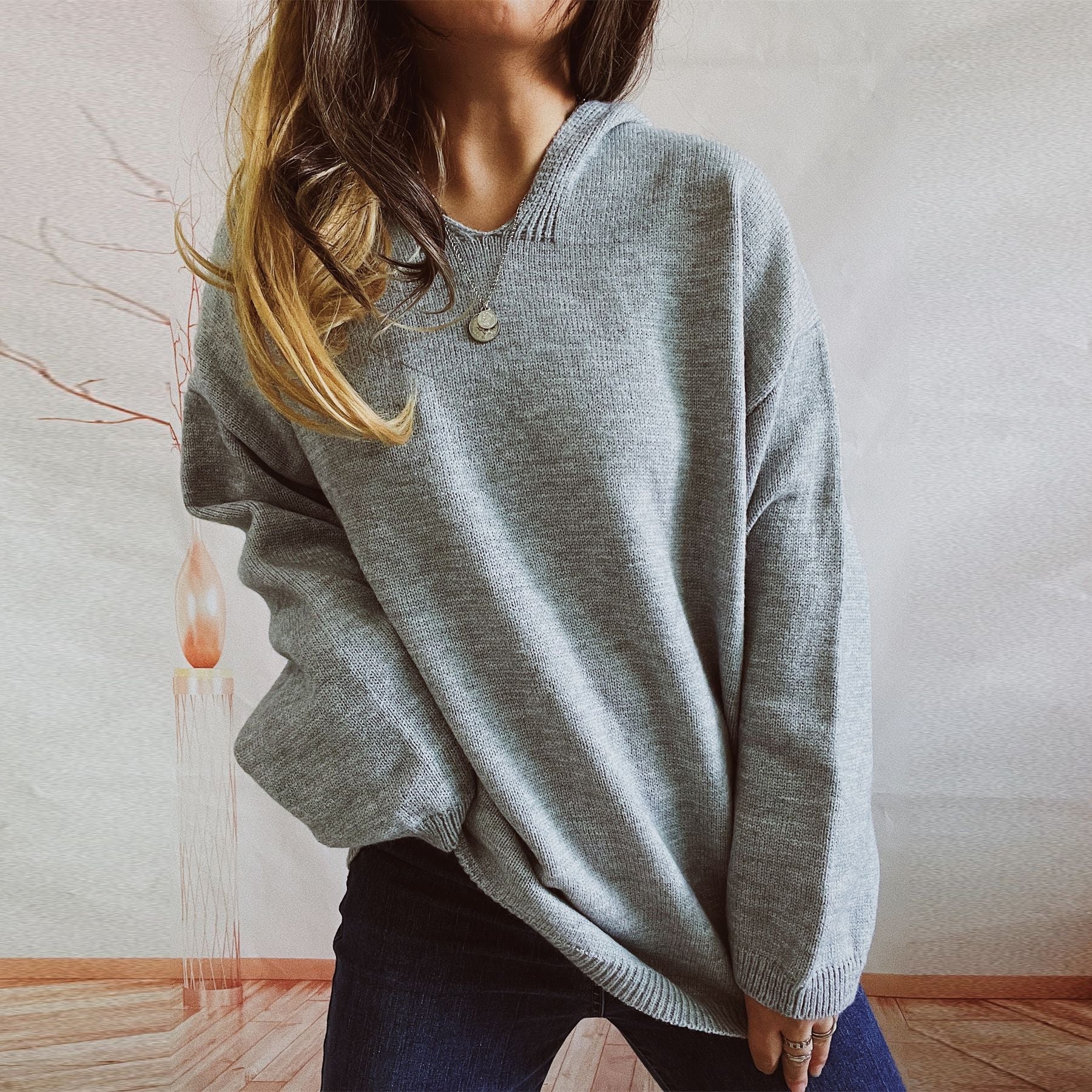 Damen lässiger Strickpullover mit Kapuze und weiten Ärmeln R&B