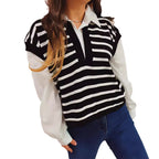 Damen lässiger Polo-Pullover mit gestreiften Design und leichten Puffärmeln R&B