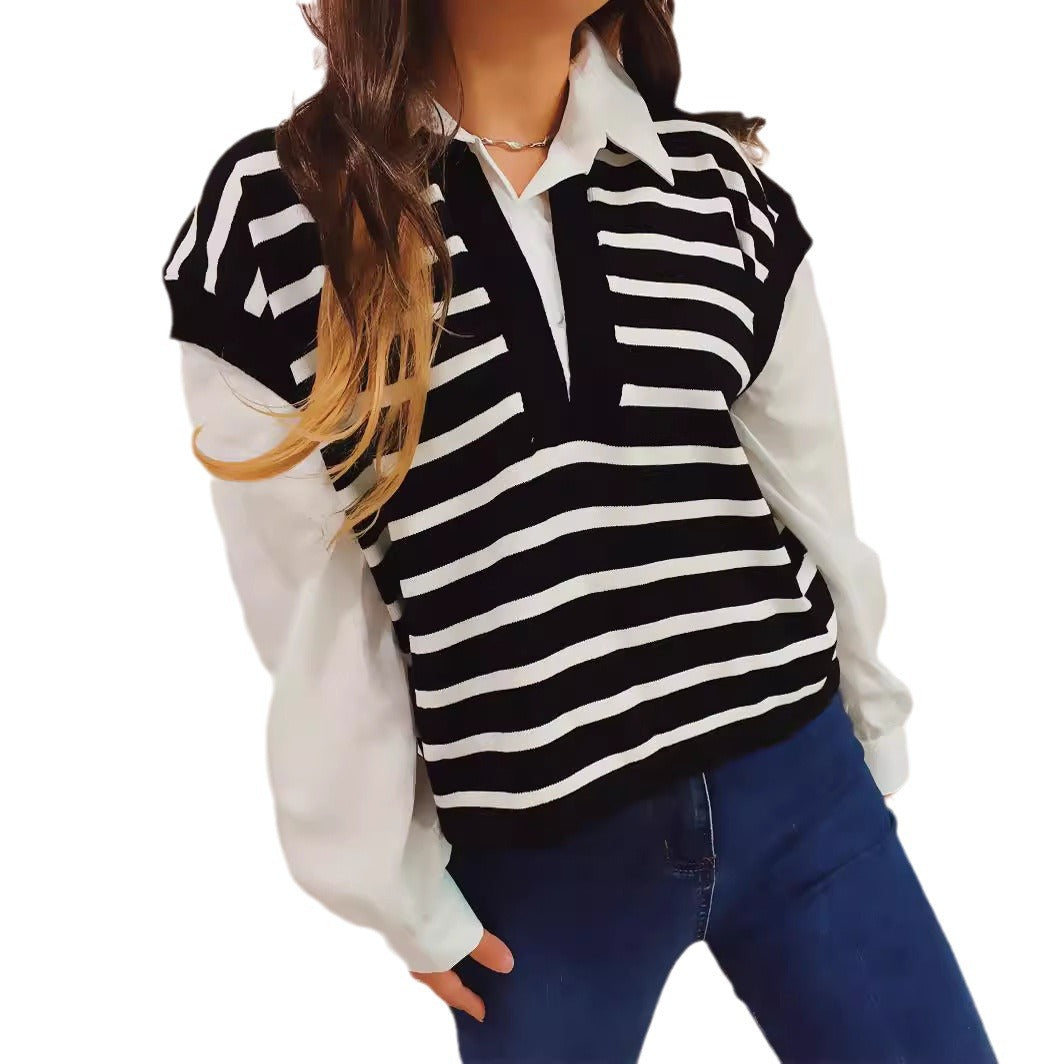 Damen lässiger Polo-Pullover mit gestreiften Design und leichten Puffärmeln R&B