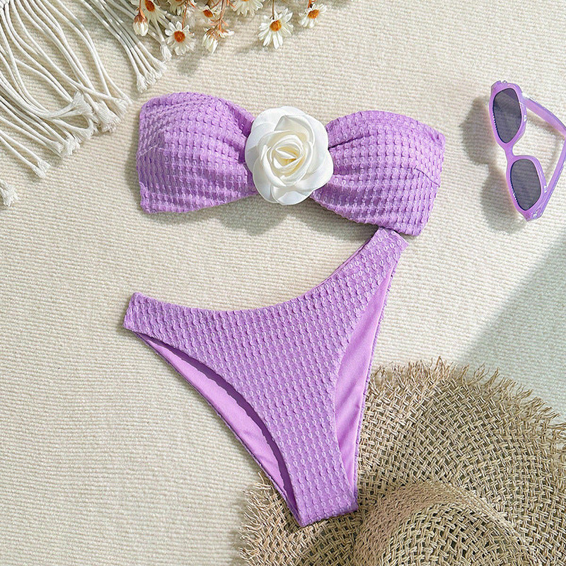Damen Bandeau-Bikini mit dekorativen Blumendetails und hohem Beinausschnitt R&B