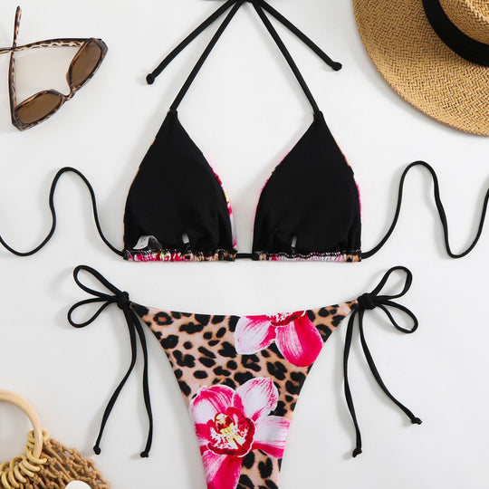 Damen Triangel-Bikini mit floralem und animalischem Druck R&B