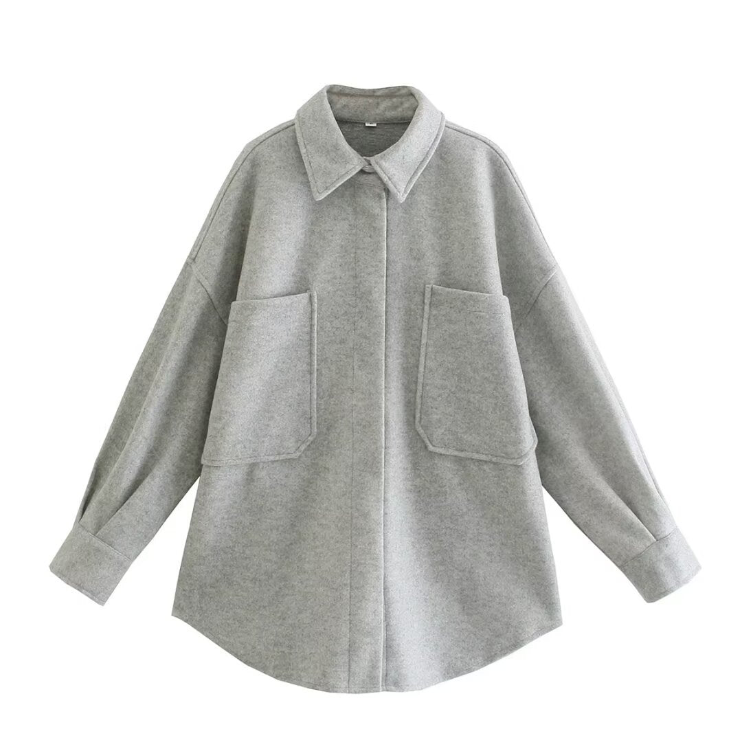 Damen Oversized Hemdjacke aus hochwertigem Wollmix mit praktischen Taschen R&B