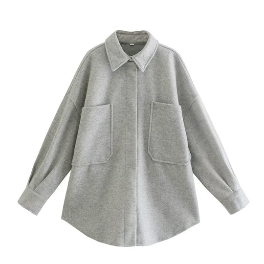 Damen Oversized Hemdjacke aus hochwertigem Wollmix mit praktischen Taschen R&B
