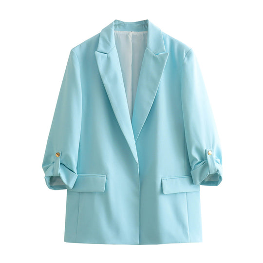 Damen elegante Blazerjacke mit strukturierten Ärmeln und dezenten Goldakzenten R&B