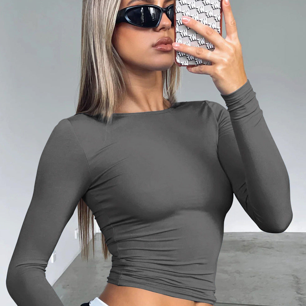 Damen modisches Langarm-Crop-Top mit Raffung R&B