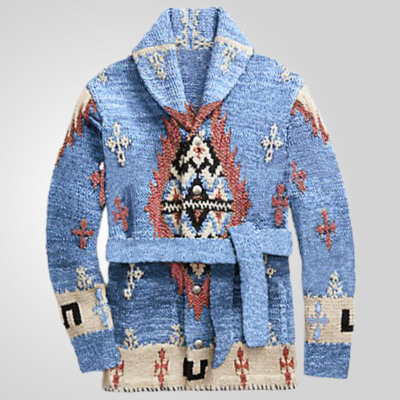 Damen gemütlicher Strickmantel mit dekorativem Muster und praktischem Gürtel R&B