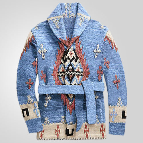 Damen gemütlicher Strickmantel mit dekorativem Muster und praktischem Gürtel R&B